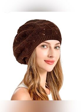 BYOS Leafy Cutout Crochet Soft Knit French Beret Hat